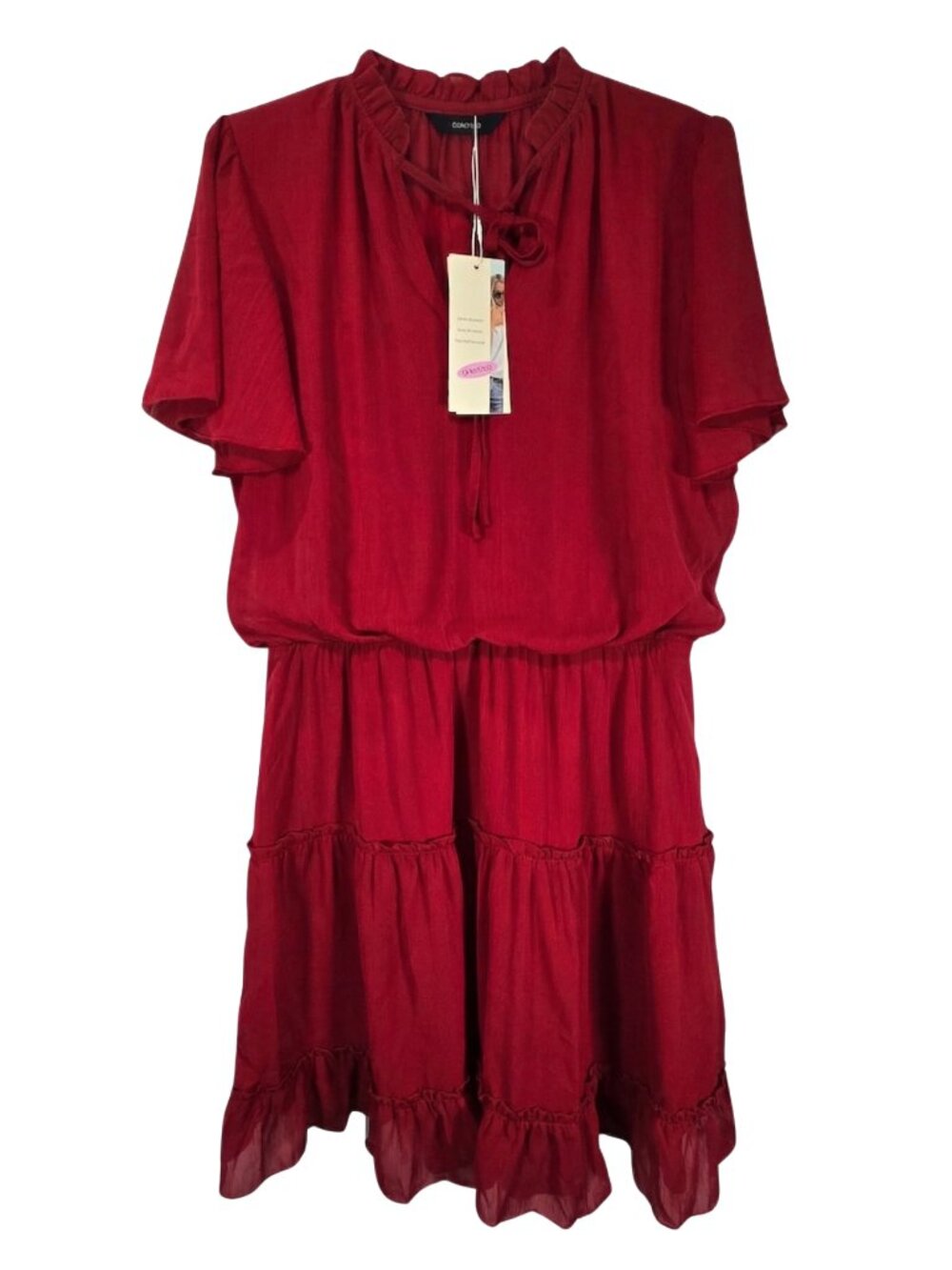 NWT | DOKOTOO Ruby Red Tiered Ruffle Mini Dress Tie Neck Smocked Waist | Large
